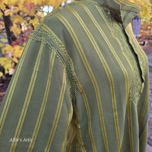 Vtg 70s Mod Handmade Mini Dress Long Sleeve Green Stripe Buttons Pockets M/L* - Picture 3 of 7